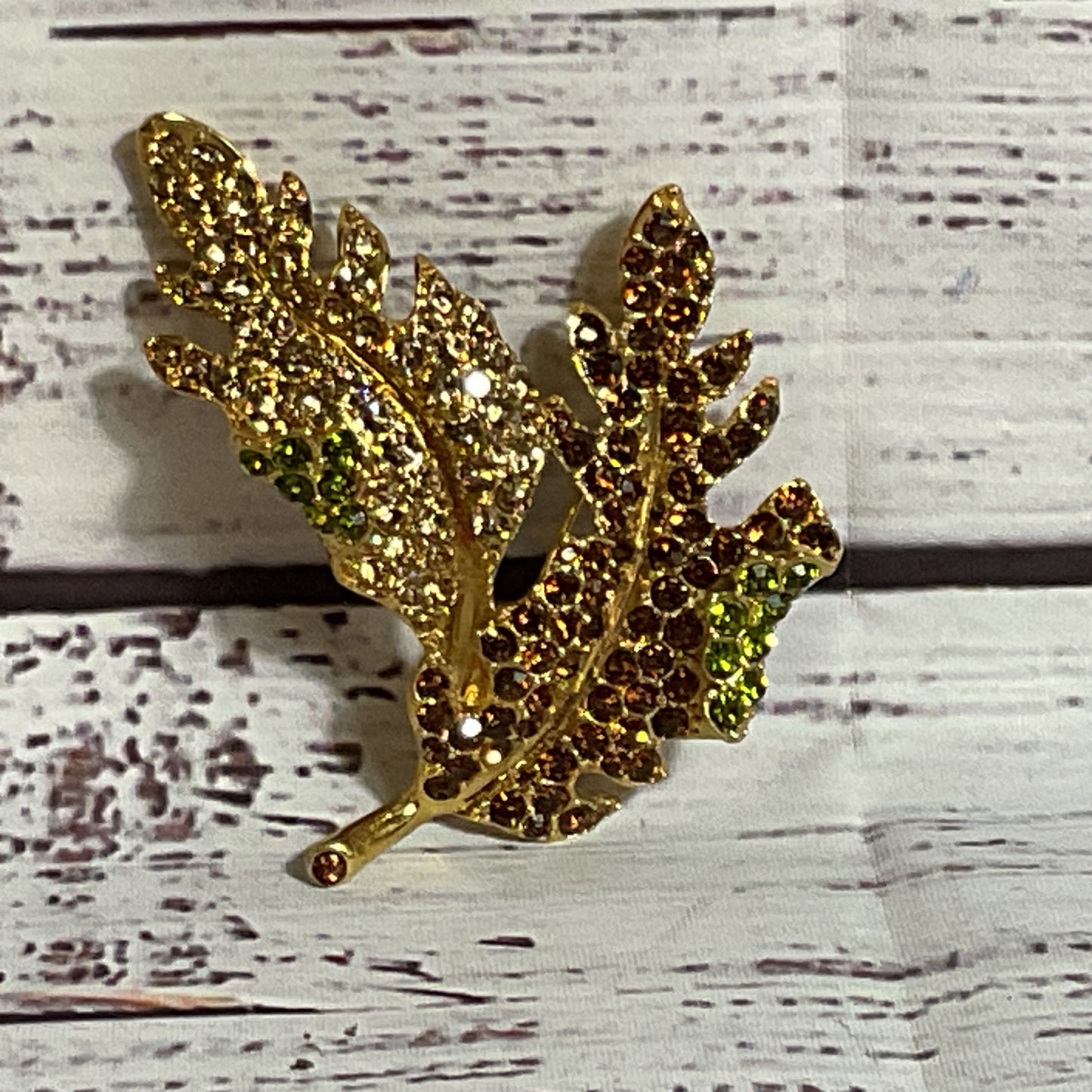 KENNETH JAY LANE Gold Tone Multicolor Rhinestone Leaf Brooch- 3"