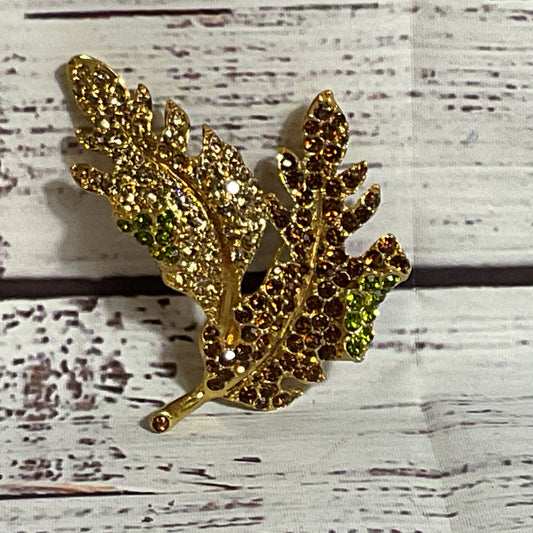 KENNETH JAY LANE Gold Tone Multicolor Rhinestone Leaf Brooch- 3"