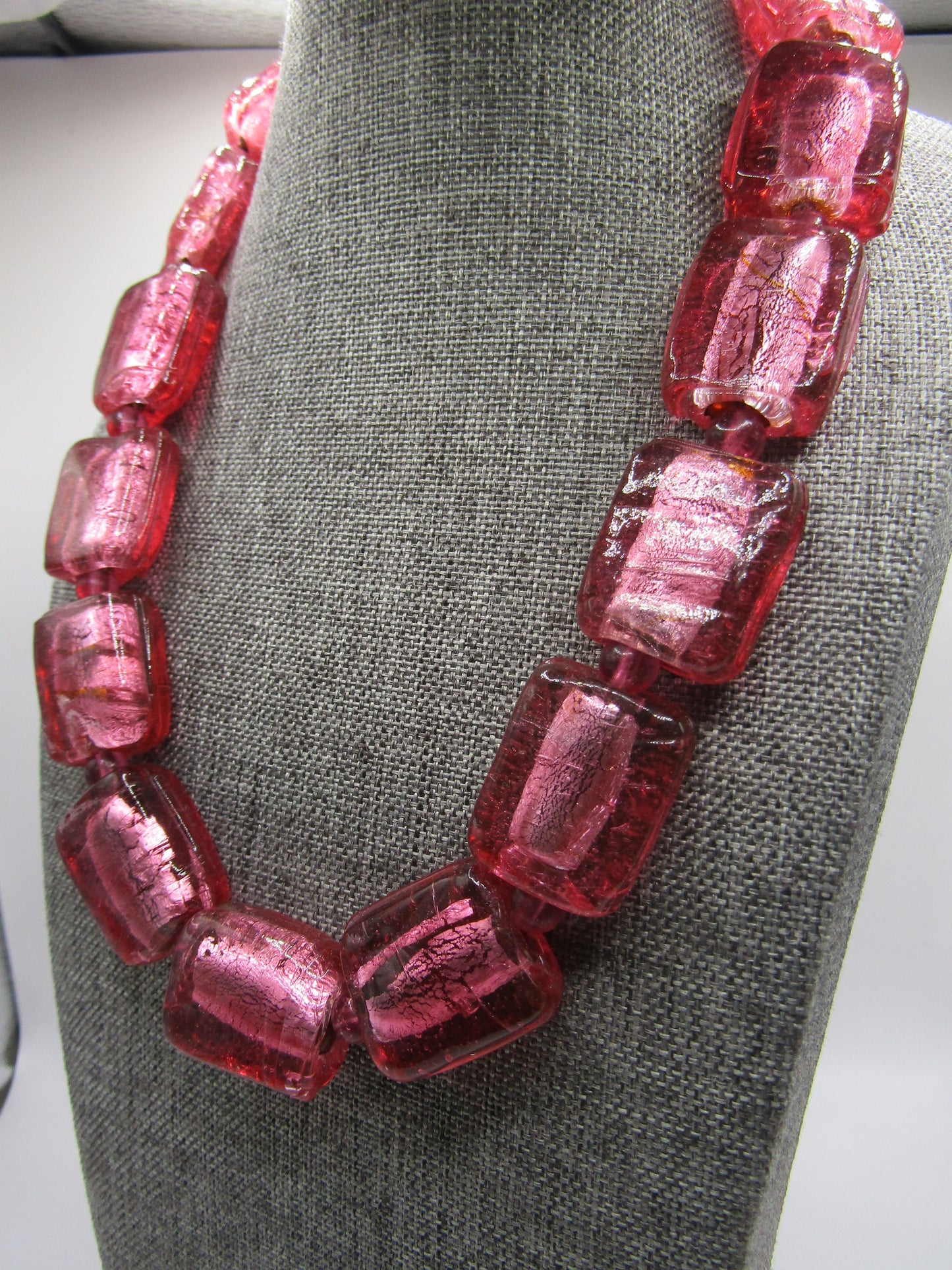 Vintage Artisan Handcrafted Silver Fleck Pink Glass Necklace