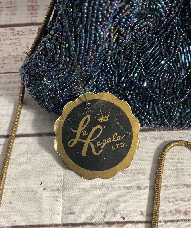 Vintage La Regale Metallic Beaded Dark Blue Clutch Bag Gold Tone Strap
