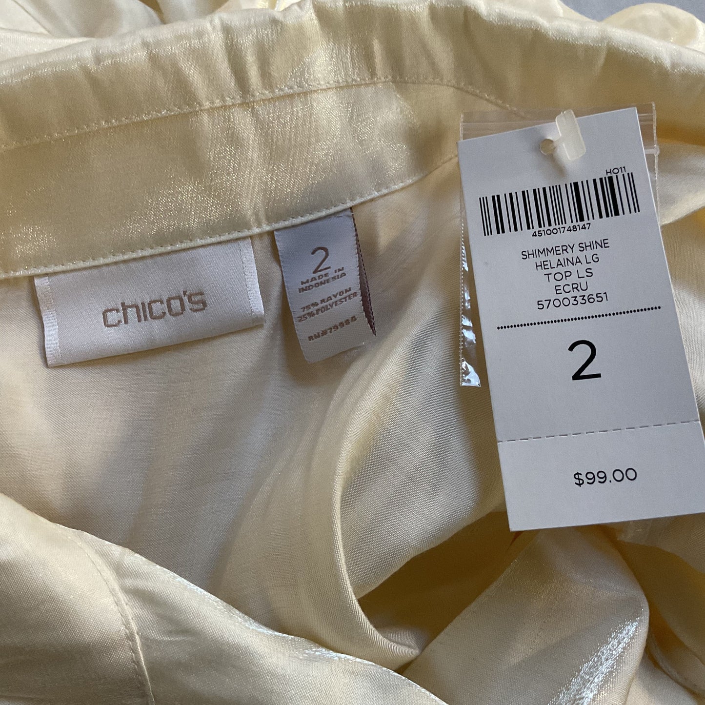 NWD CHICO'S Women's Shimmer Ivory Long Sleeve Blouse- SZ 2 (DEFECT)