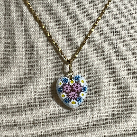 14K Yellow Gold & Millefiori Heart Pendant 16" Chain Necklace- 6.42g