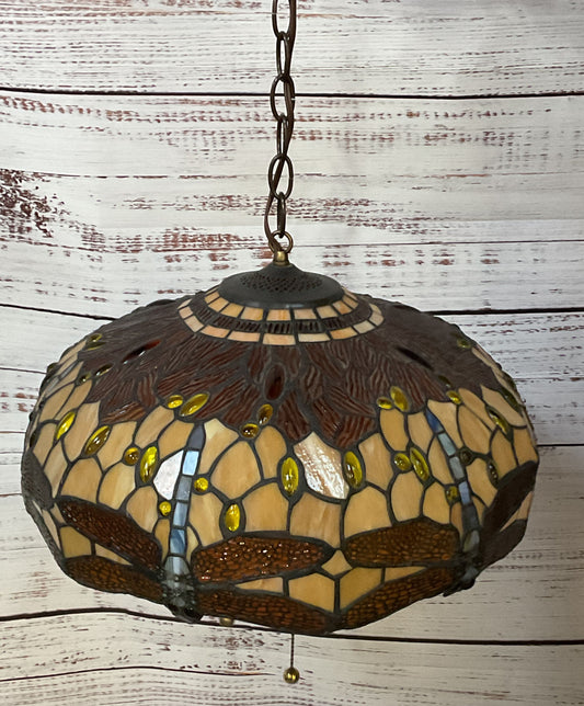 Vintage Dragonfly Tiffany Pendant Stained Glass Hanging Lamp Lot Of 2 Multicolor