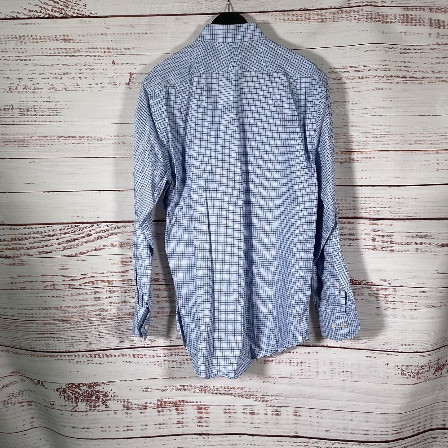 Neiman Marcus Trim Fit Light Blue Navy Blue Grid Pattern Dress Shirt 16 34/35