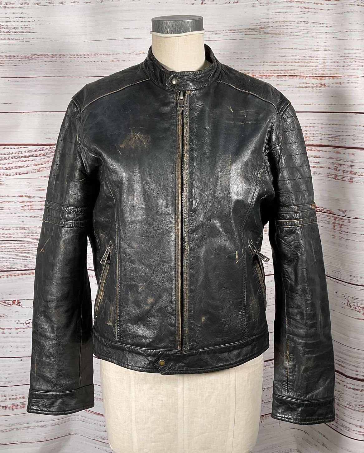 Sixty Vintage Distressed Leather Biker Jacket Black L