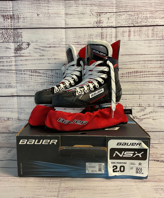 Bauer NSX Juniors Ice Hockey Skates- Black and Red, Size: 3 with Skate Guards