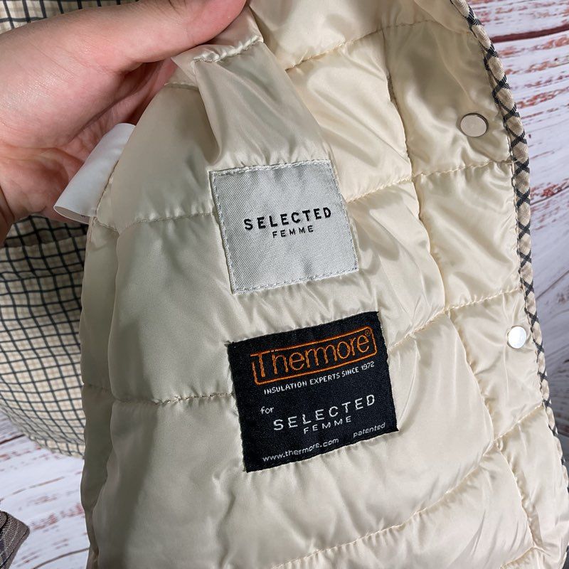 Selected Femme Beige Plaid Full Button Puffer Vest - Size 38