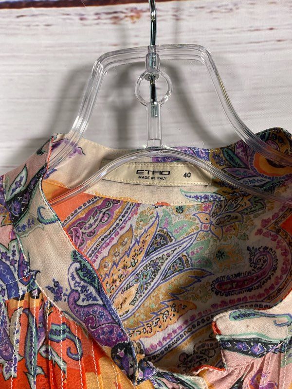 ETRO Women's Multicolor Paisley Pattern Orange Button Up Blouse Silk Size 40