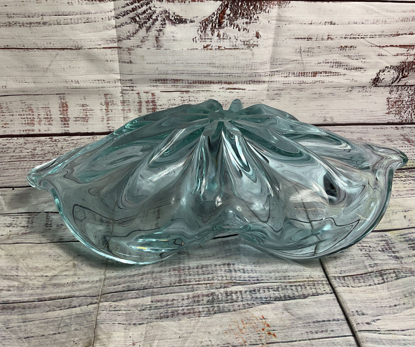 Modern Curved Murano Style Decorative Art Glass Bowl Blue