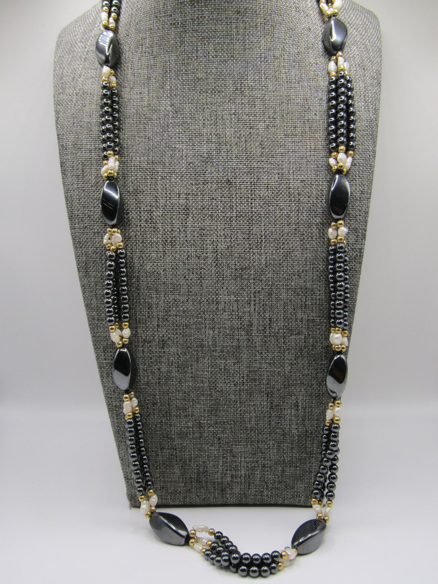 Beaded Hematite Rice Pearl Necklace