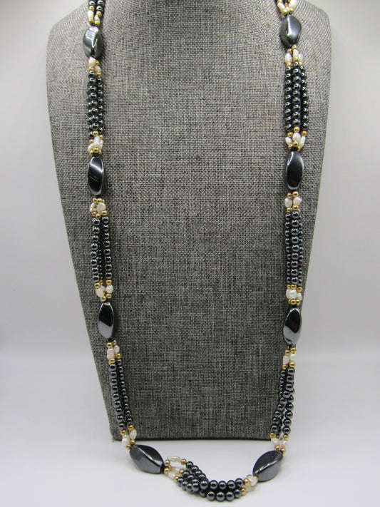 Beaded Hematite Rice Pearl Necklace