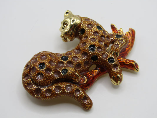 Gold Plated Enamel Leopard on Branch Brooch Pin
