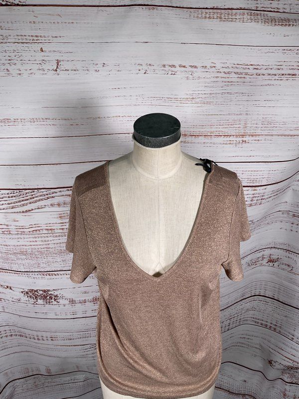 NWT Paige Women's Haider Tee Nude Gold Color Shimmer Short Sleeve Blouse Size M