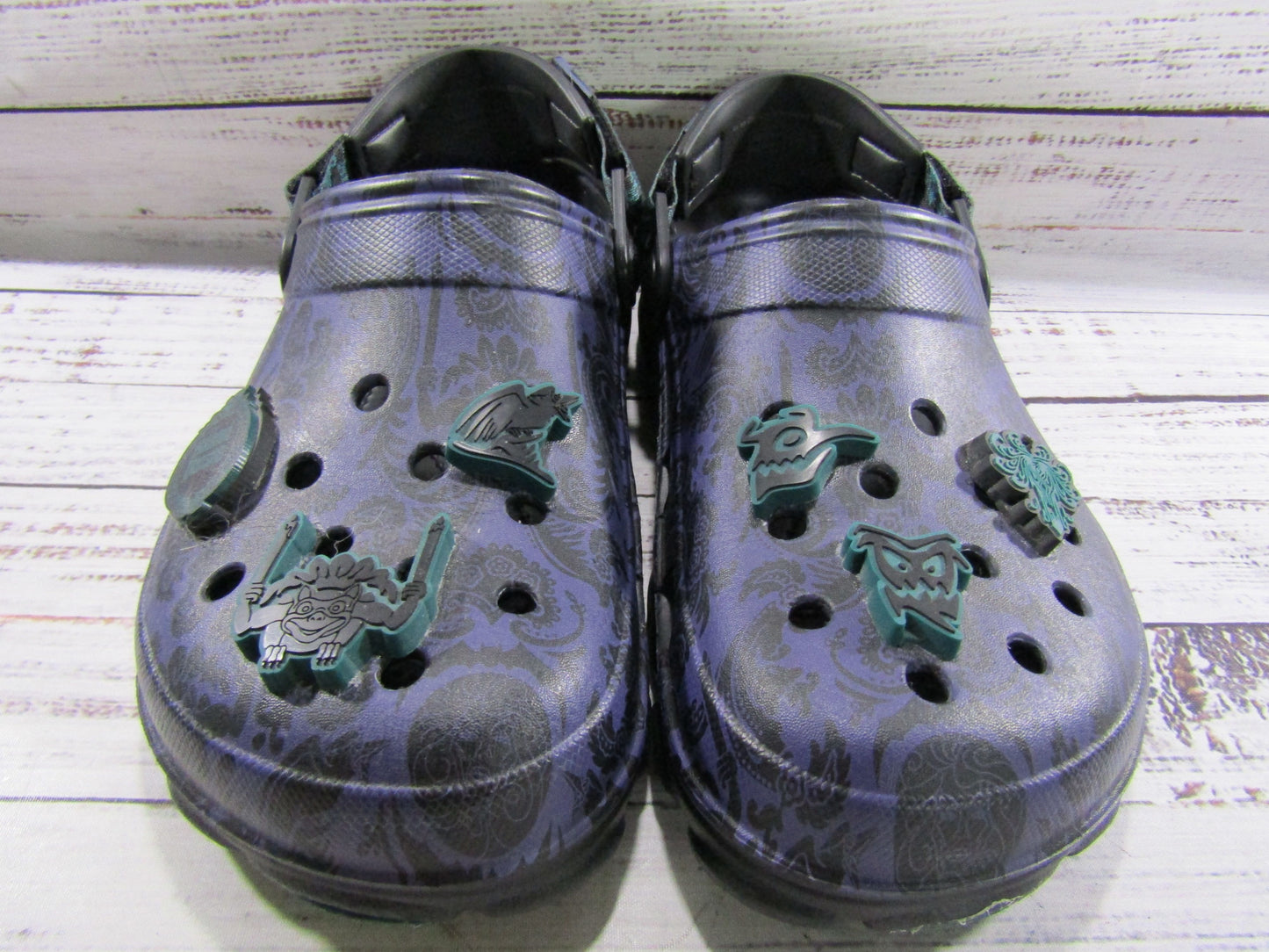 Crocs Haunted Mansion Wallpaper Black & Purple Slip-On Sandals Women's Size 9