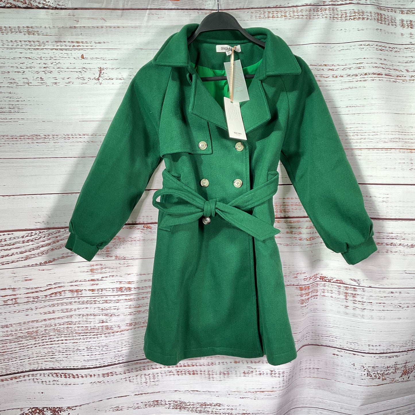 Grace Karin Green Polyester Wool Double Breasted Belted Coat - Size 10Y New