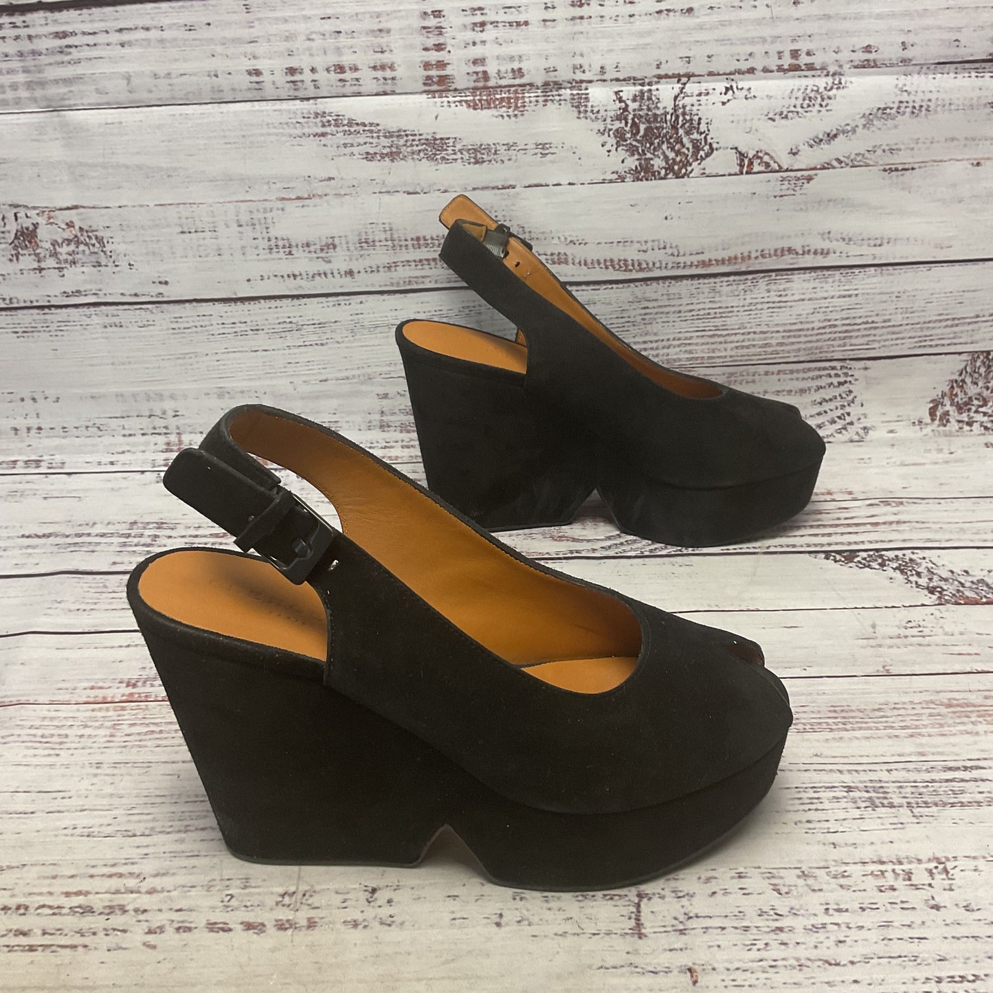 Robert Clergerie Black Suede Platform Sling Back Heel Women Size 6.5