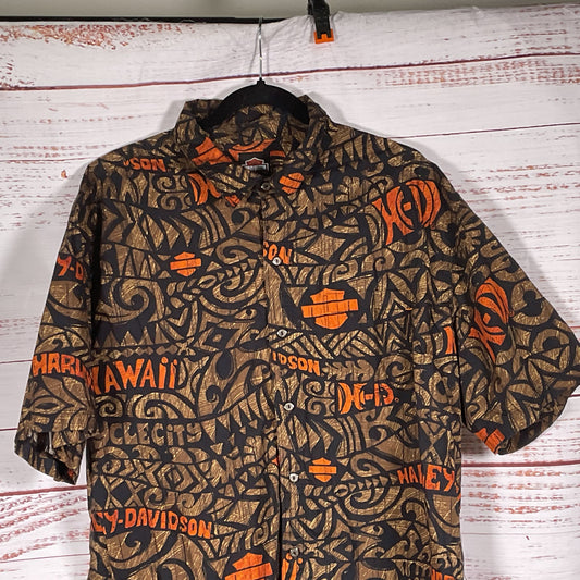 HARLEY DAVIDSON Men's Brown Print Button Up Short Sleeve Shirt- SZ 2XL