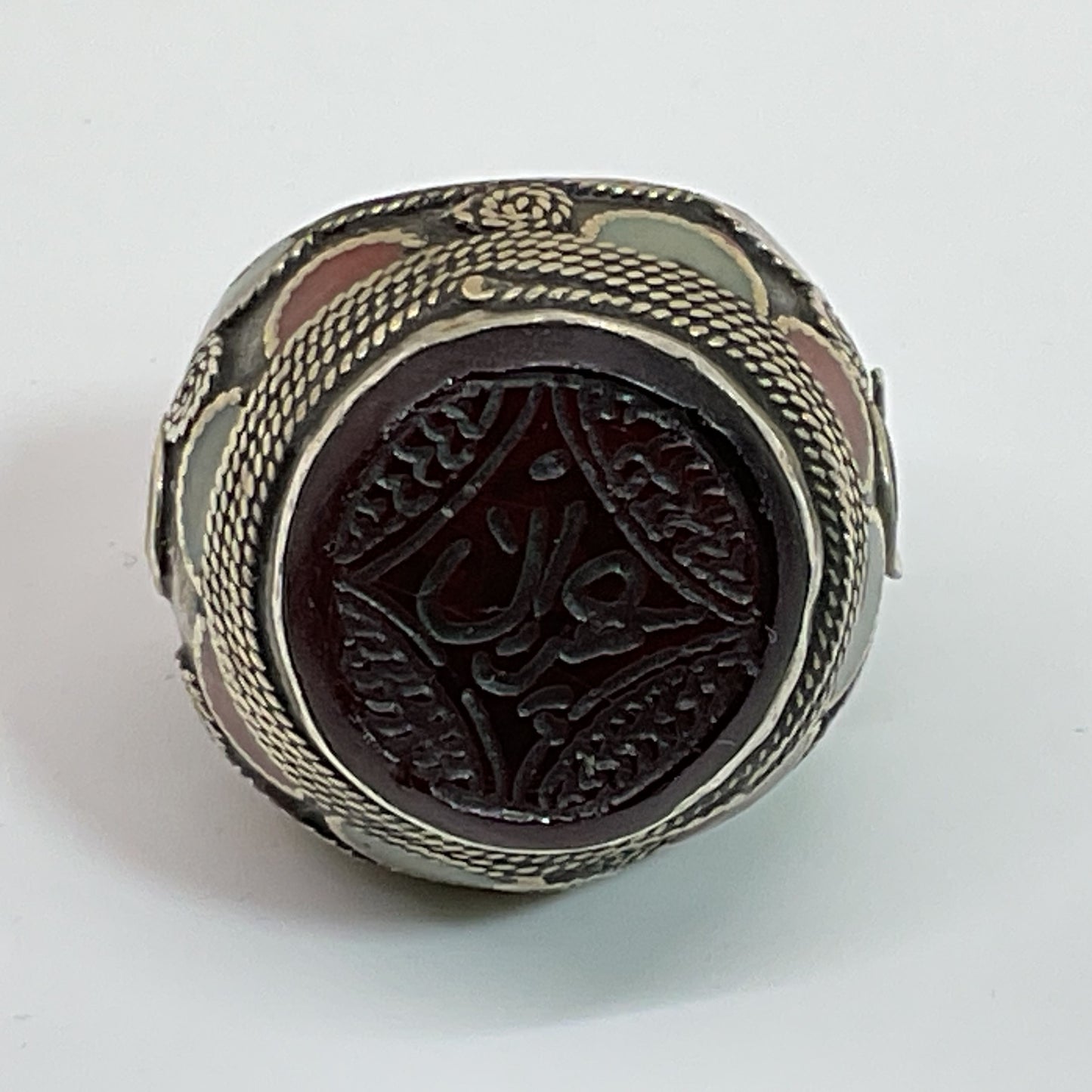 Afghan Silver Tone Stone Inlay Chunky SZ 7.5 Ring