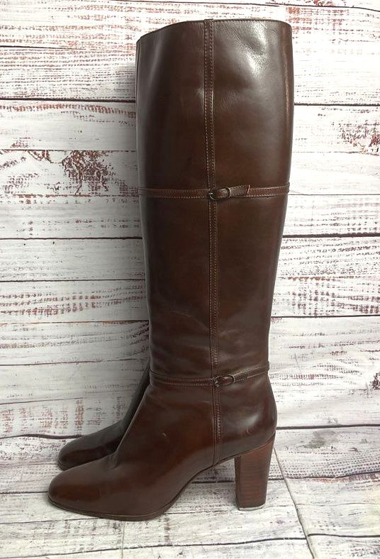 Julianelli Vintage Leather Buckle Detail Calf High Boots Brown 8