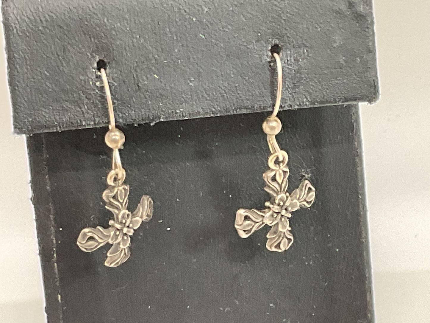 VTG. Sterling Silver Floral Repousse Cross 1.25" Dangle Earrings- 2.58g