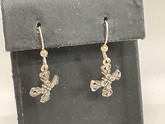 VTG. Sterling Silver Floral Repousse Cross 1.25" Dangle Earrings- 2.58g