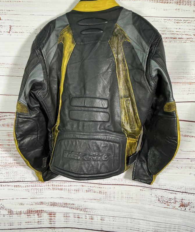Men's Teknic Black/ yellow Leather Motorcycle Jacket Size 44/L AS IS