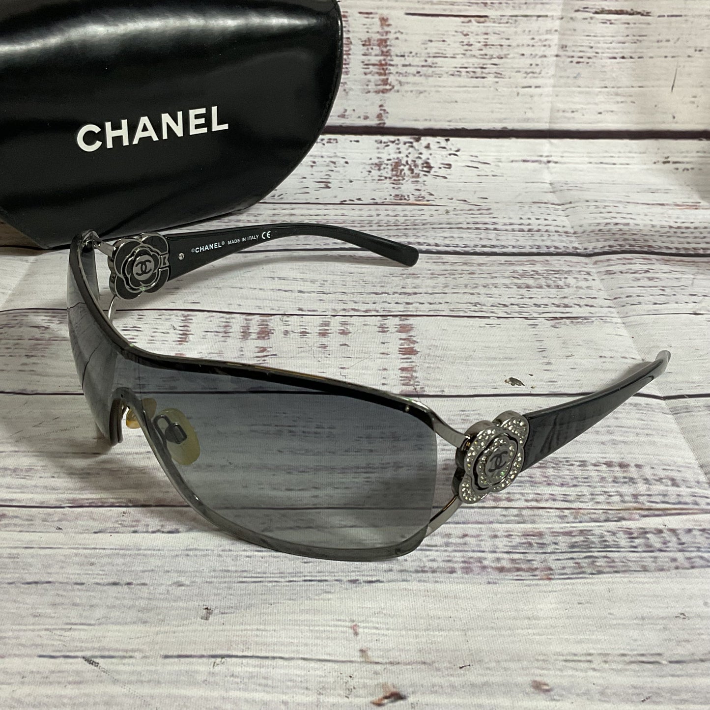 CHANEL 4164-B Camillia Shield Womens Black Crystal Sunglasses (MISSING CRYSTALS)