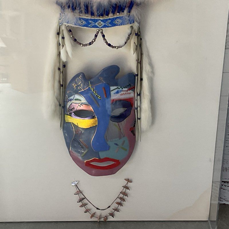 Signed SHAWN ATHARI Glass Mask with Feathers & Necklace with Shadowbox Display