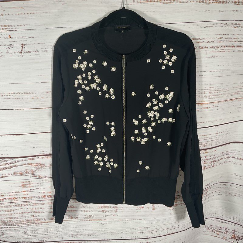 Ted Baker Black Floral Embroidered Full Zip Cardigan Bomber Jacket - Size 2