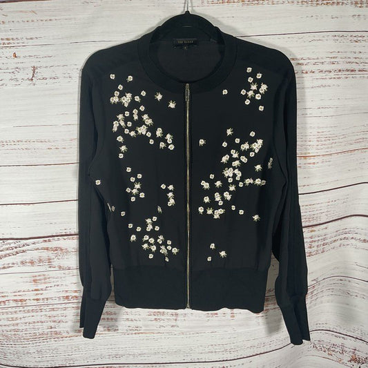 Ted Baker Black Floral Embroidered Full Zip Cardigan Bomber Jacket - Size 2