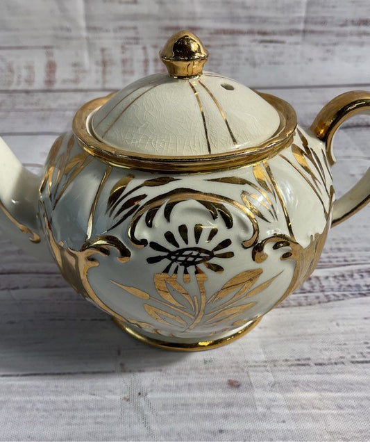 Sadler England Gold & Cream Stripe Mini Tea Pot Vintage 3.5"