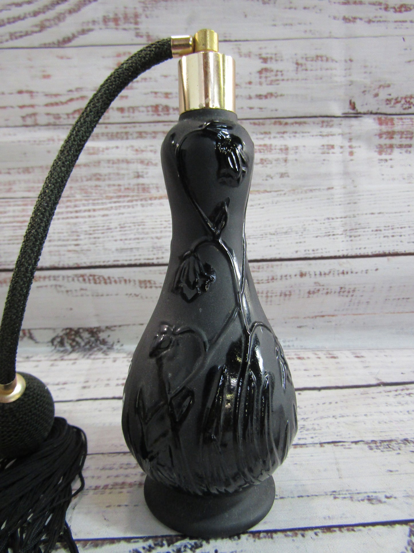Floral Embossed Black Glass Perfume Atomizer