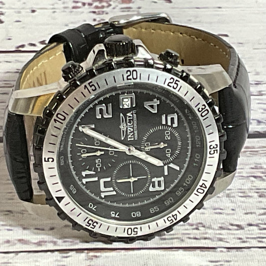 INVICTA 6001 Men's Silver Tone Black Leather Band Watch-NEEDS BATTERY