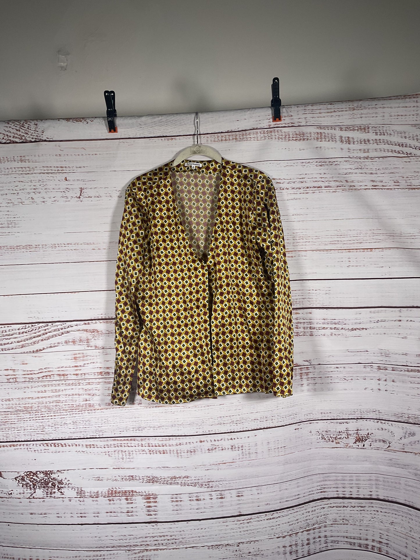 Reformation Yellow Squares Pattern Long Sleeve Blouse - Size M