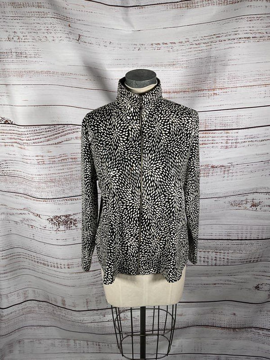 Misook Women's Black & White Floral Print Polyester Blend Full Zip Jacket Sz L