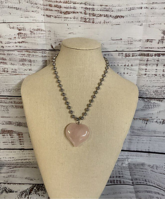 Arcanum Silver Tone Chain Necklace with Rose Quartz Heart Pendant