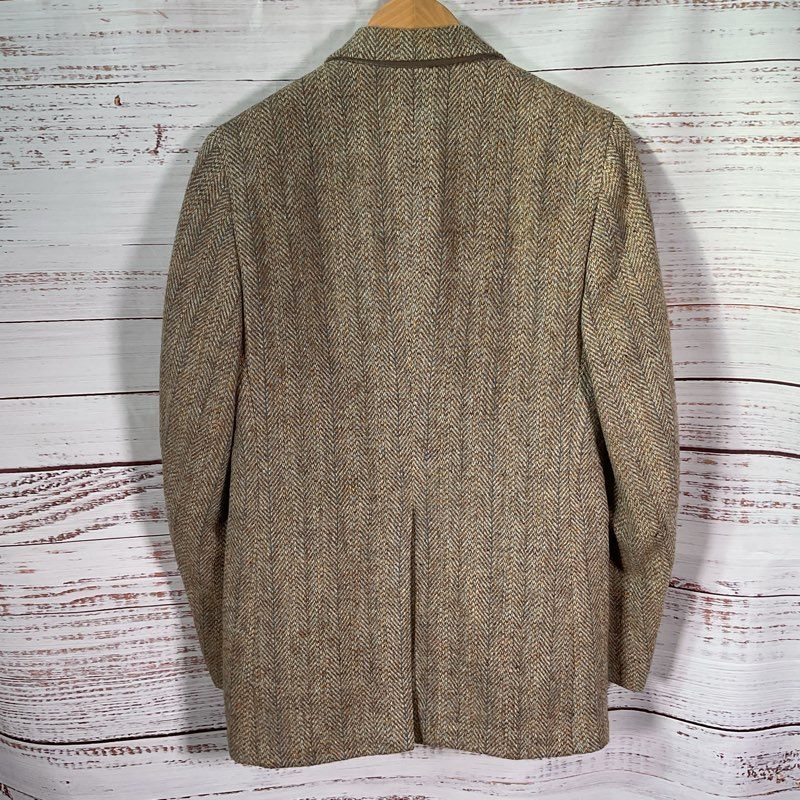 VTG Harris Tweed Barrister 100% Wool Tan Chevron Knit Sport Jacket Size in Desc.