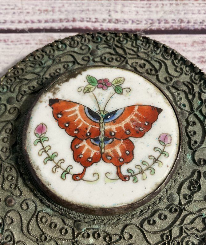 Chinese Jade Handle Mirror Hand Painted Porcelain Butterfly Vanity Export Box
