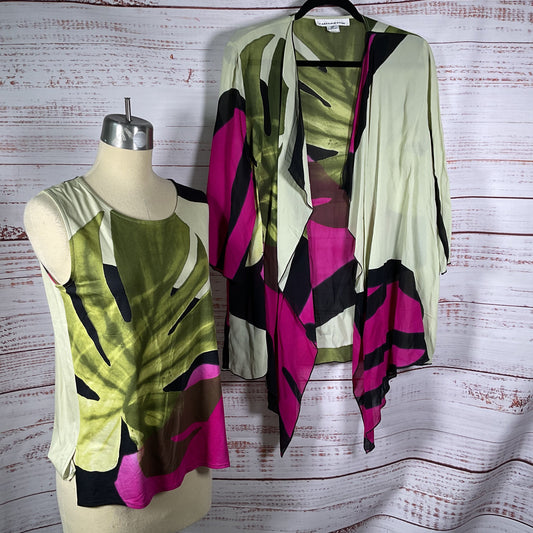 2pc CAROLINE ROSE Women's Green/Pink Cardigan & Tank Blouse- SZ SP