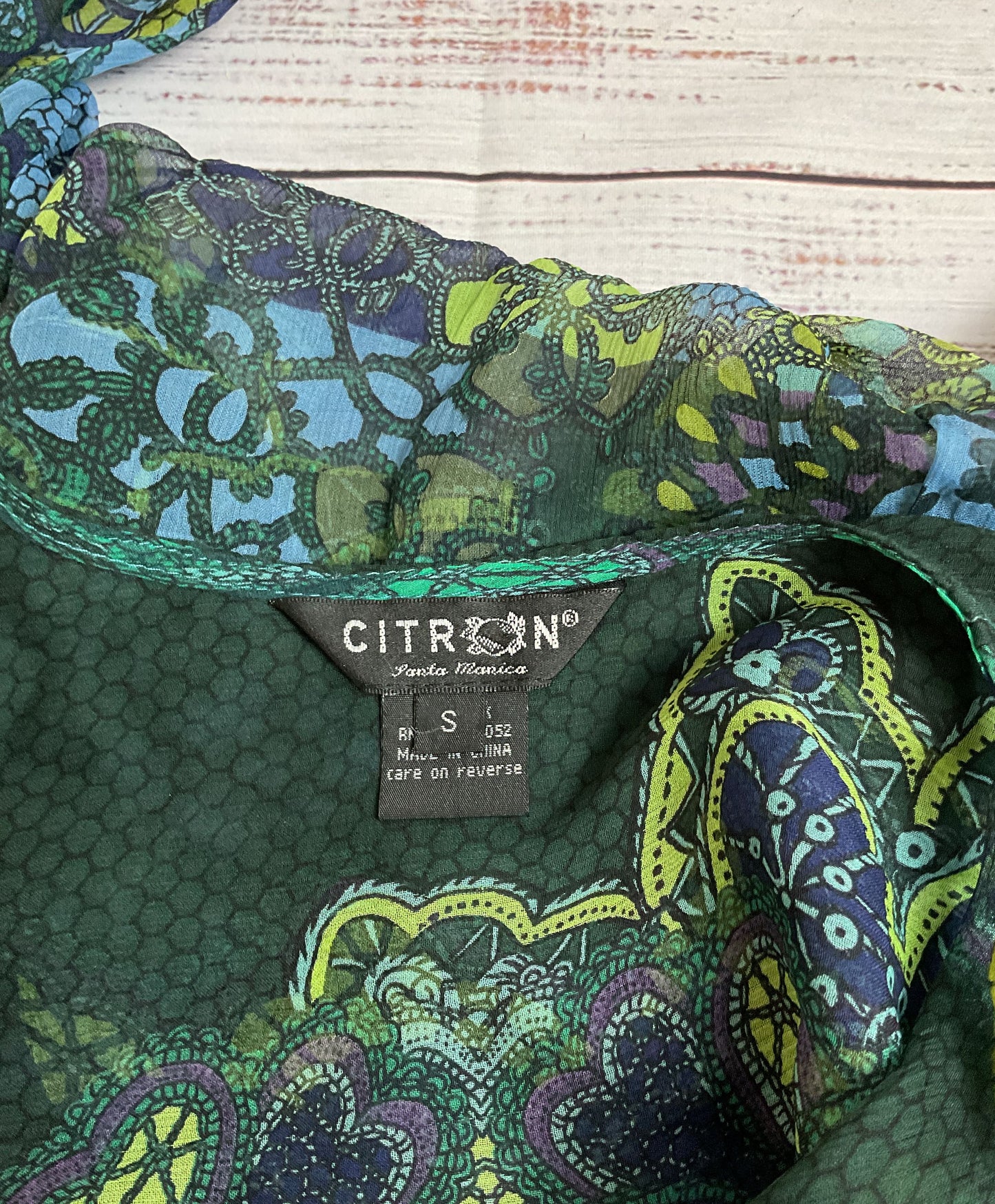 Gorgeous Citron 100% Silk Paisley Print Sheer 3/4 Sleeve Tunic - Size Small