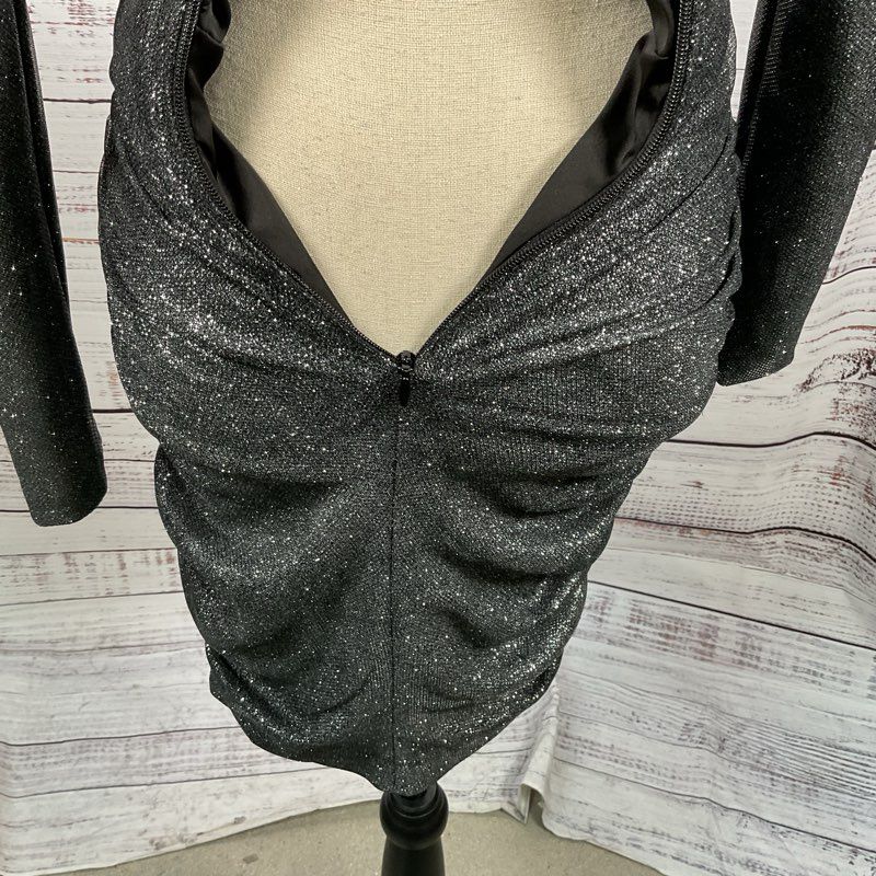 HOUSE of CB London Women Black Glitter Ruched Pleated Low V-Neck Dress- SZ XS