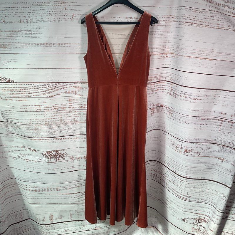 Jenny Yoo Rust Brown Velvet Sleeveless Low Cut Lace Front Maxi Dress Size 12