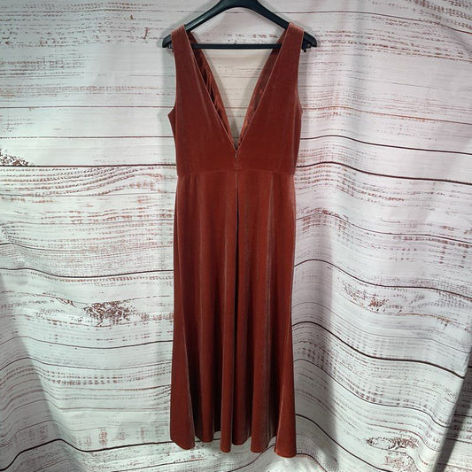 Jenny Yoo Rust Brown Velvet Sleeveless Low Cut Lace Front Maxi Dress Size 12