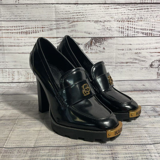 F24 Karl Lagerfeld Virna Black Patent Faux Leather/Brass Loafer Heel Women's 7.5