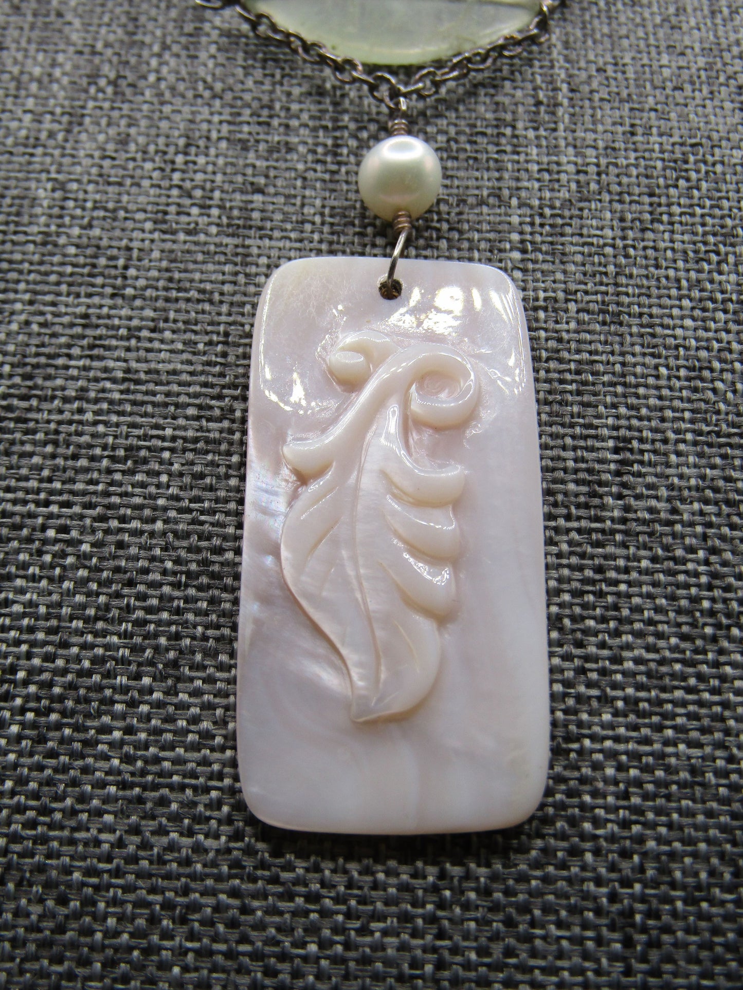 Vintage Artisan Handcrafted Sterling Silver Prehnite & Carved Pink MOP Necklace