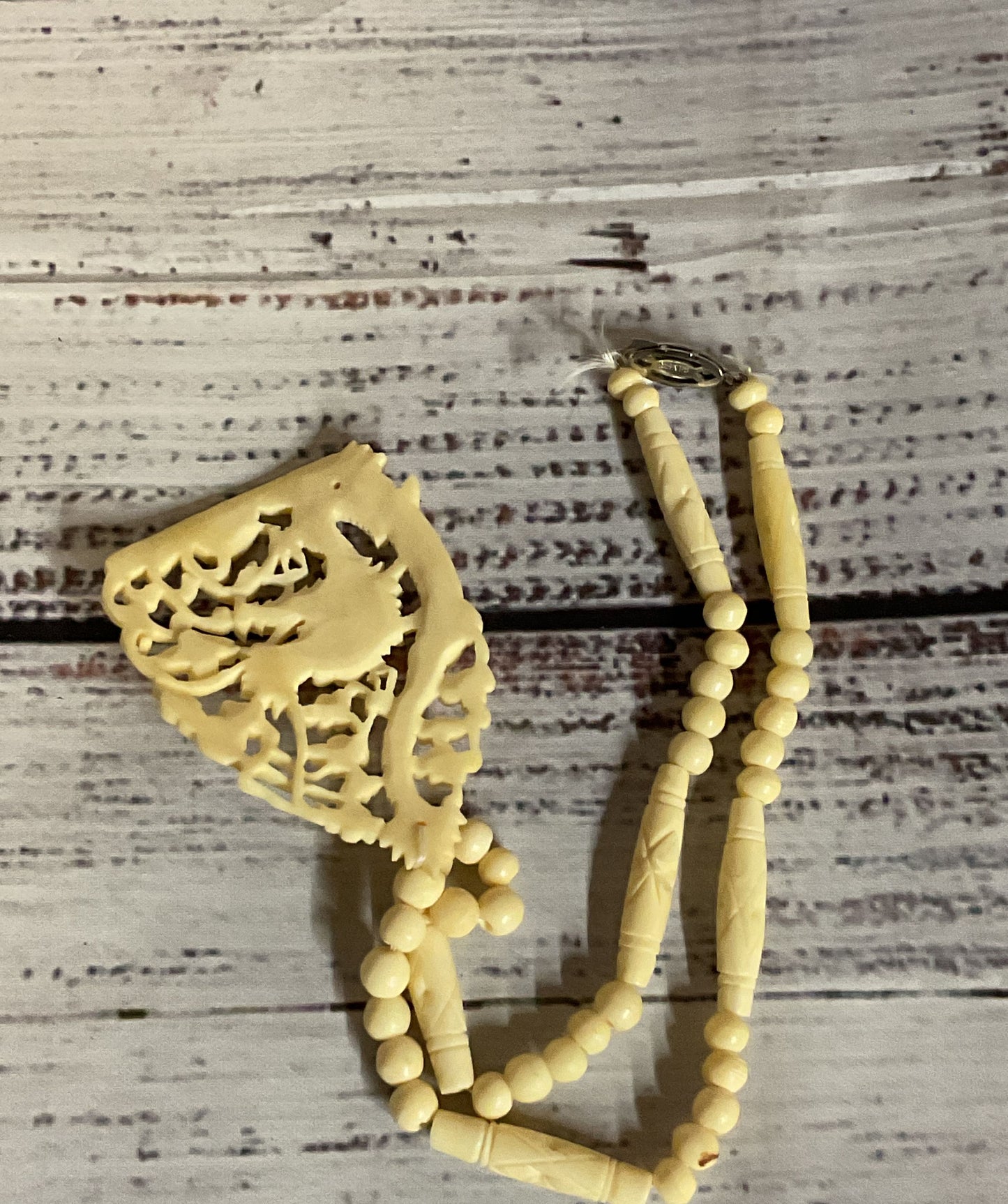 Carved Celluloid Silver Clasp Vintage Beaded Necklace