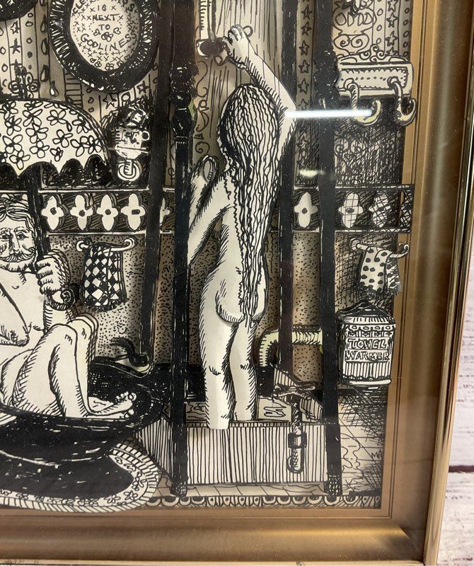 Vintage Black & White 3D Art Print of a Couple in the Shower Gold Frame 11"X 9"