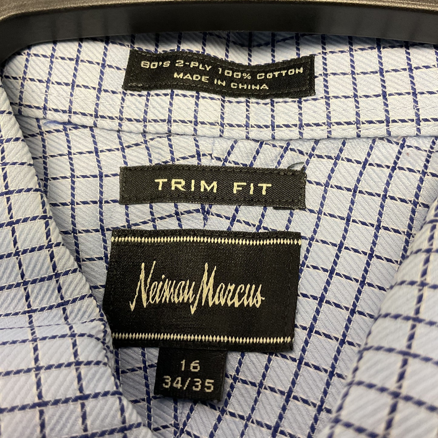 Neiman Marcus Trim Fit Light Blue Navy Blue Grid Pattern Dress Shirt 16 34/35
