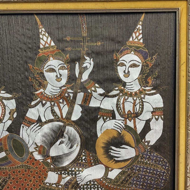 Three Kinnara Gods 21" Thai Painting on Silk in Damaged Frame