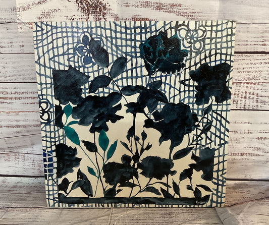 Indigo Flowers Watercolor on Board Painting Signed By Susan Rosman